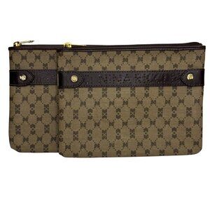 Nina Ricci Beige Brown Monogram Clutch Makeup Travel Bag Set of 2 Zipper Closure